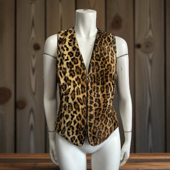 Vintage Cache Leopard Fur Print Lined Vest Full Front Zip Women's Size Medium - Picture 1 of 12